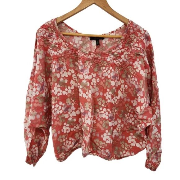 Jessica Simpson Women's Top Floral Smocked  Elastic Waist Coral Color Bl… - Picture 1 of 2